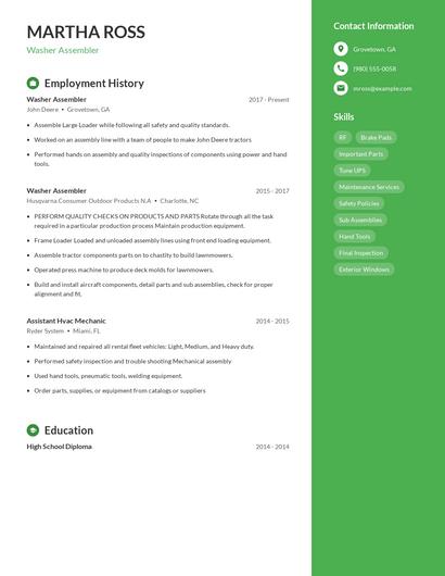 Washer Assembler Resume