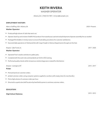 Washer Operator Resume