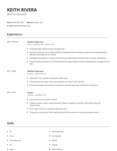 Washer Operator Resume