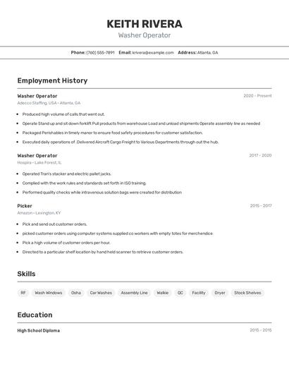 Washer Operator Resume