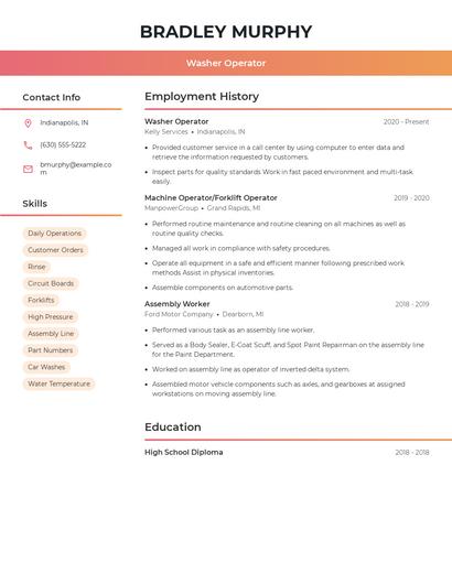Washer Operator Resume