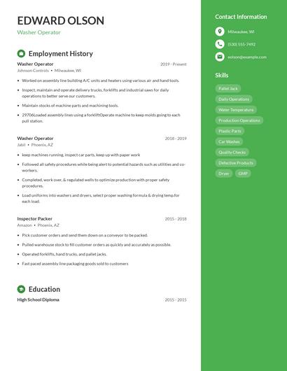 Washer Operator Resume