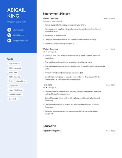 Washer Operator Resume