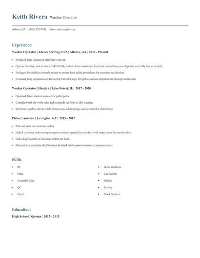Washer Operator Resume