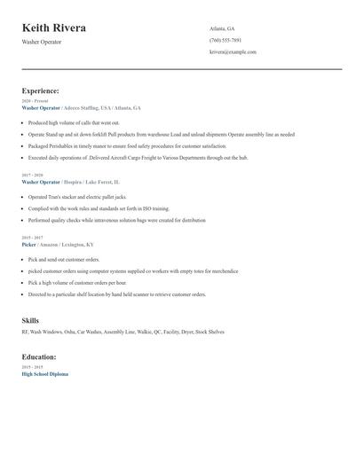 Washer Operator Resume