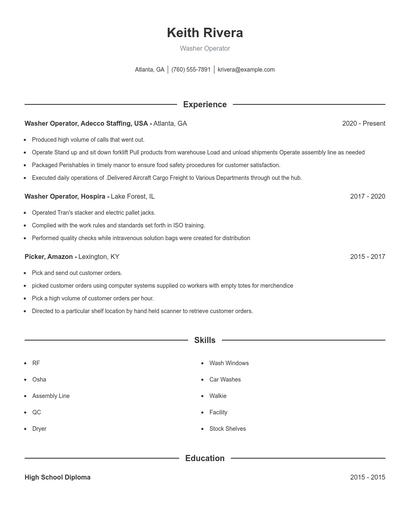 Washer Operator Resume