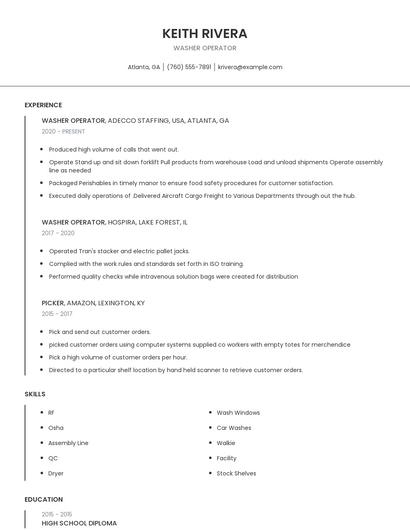 Washer Operator Resume
