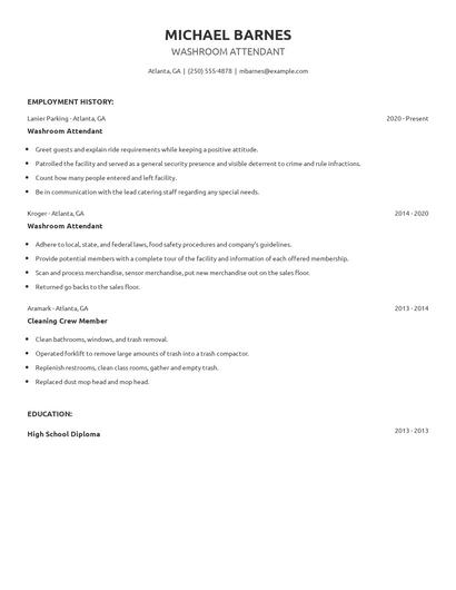 Washroom Attendant Resume