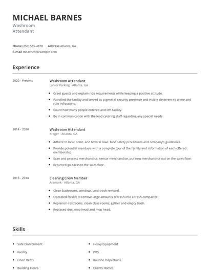 Washroom Attendant Resume