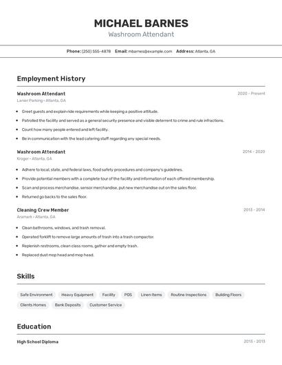 Washroom Attendant Resume