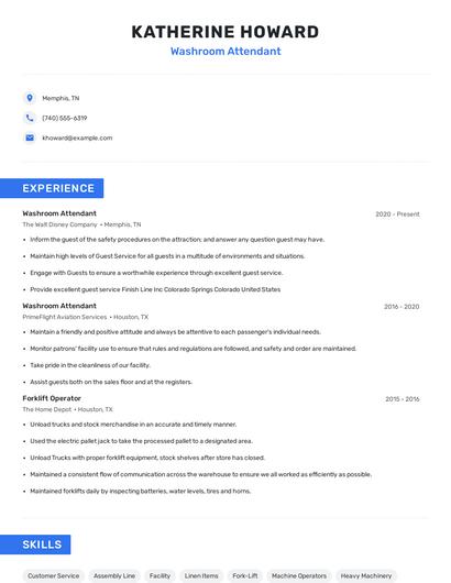Washroom Attendant Resume