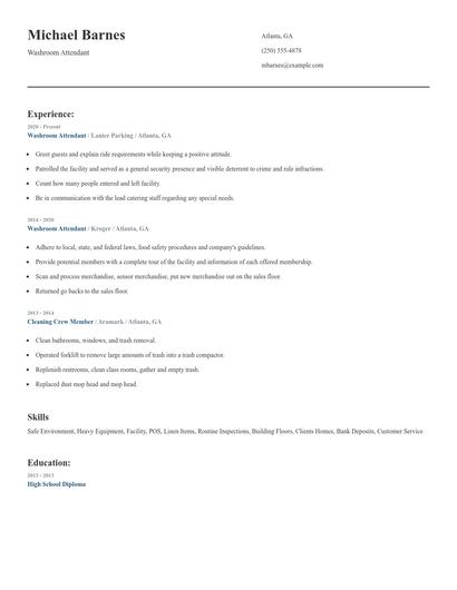 Washroom Attendant Resume