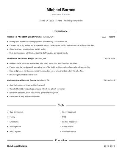 Washroom Attendant Resume