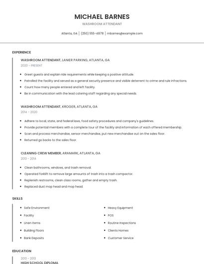 Washroom Attendant Resume