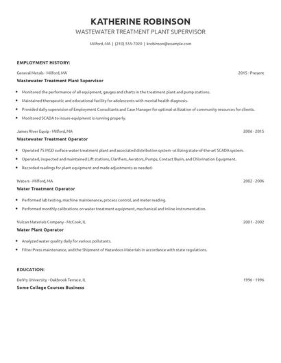 Wastewater Treatment Plant Supervisor Resume