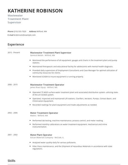 Wastewater Treatment Plant Supervisor Resume