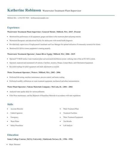 Wastewater Treatment Plant Supervisor Resume