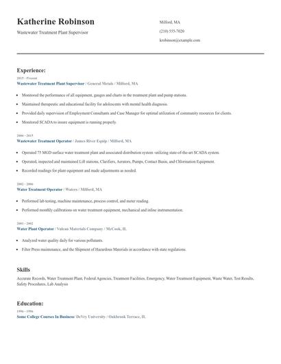 Wastewater Treatment Plant Supervisor Resume