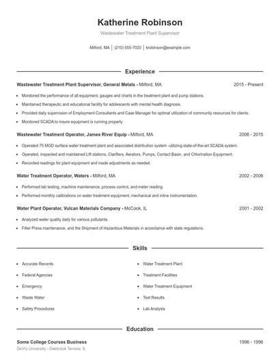 Wastewater Treatment Plant Supervisor Resume