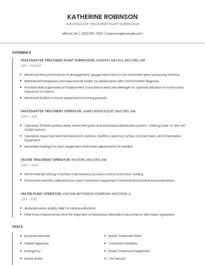 Wastewater Treatment Plant Supervisor Resume