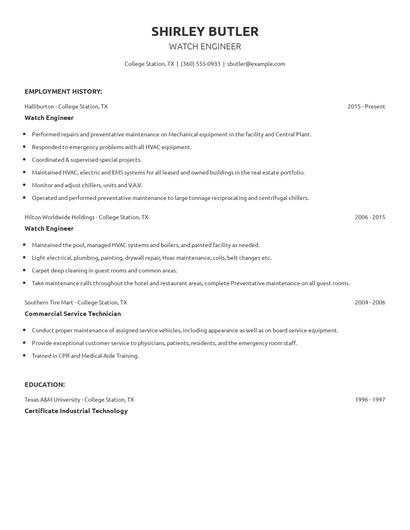 Watch Engineer Resume