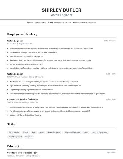 Watch Engineer Resume