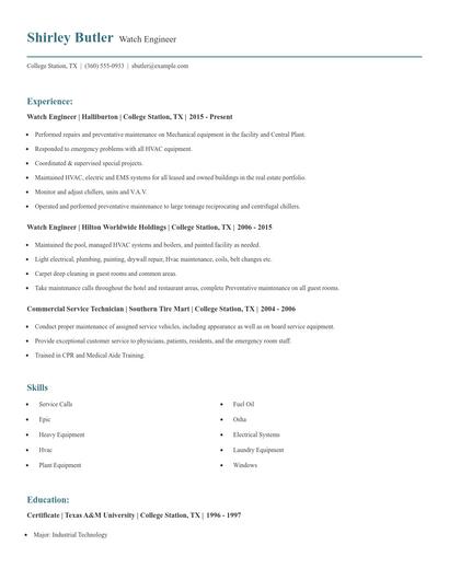 Watch Engineer Resume
