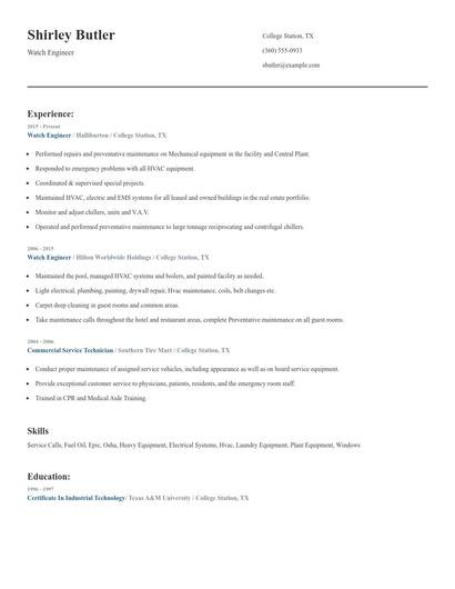 Watch Engineer Resume