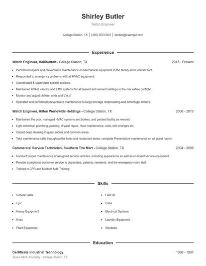 Watch Engineer Resume