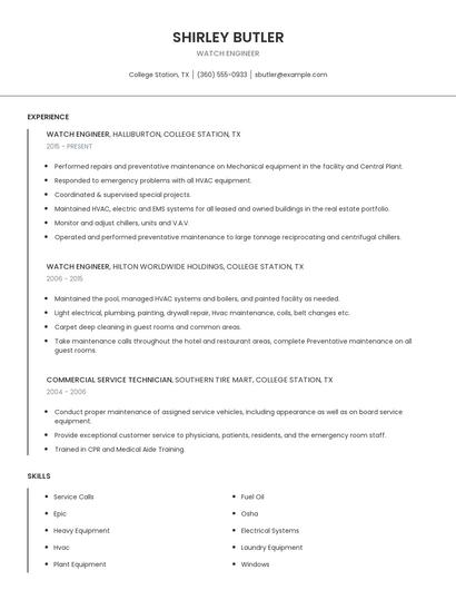 Watch Engineer Resume