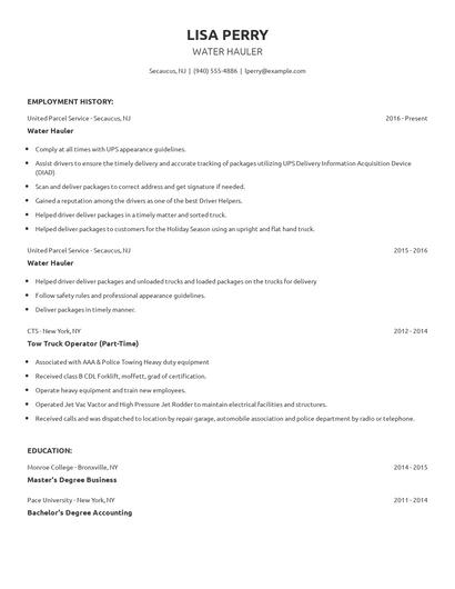 Water Hauler Resume