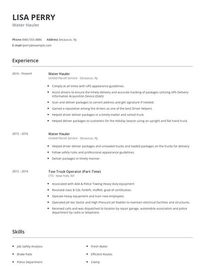 Water Hauler Resume