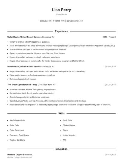 Water Hauler Resume