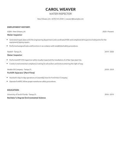 Water Inspector Resume