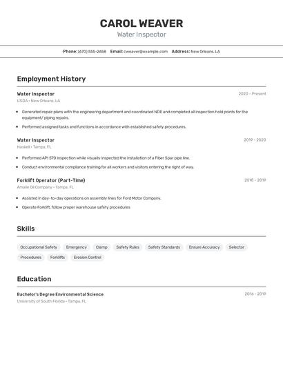 Water Inspector Resume