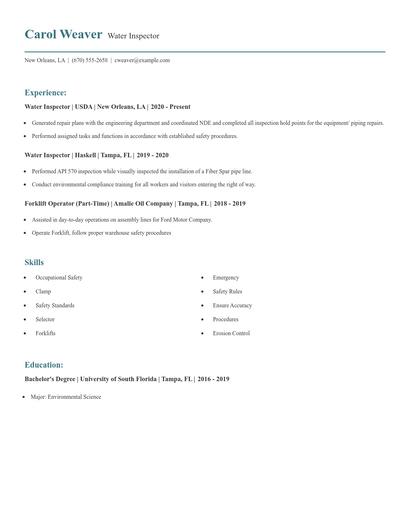 Water Inspector Resume