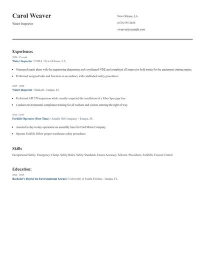 Water Inspector Resume
