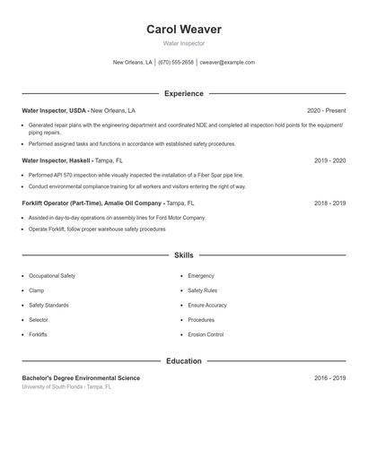 Water Inspector Resume