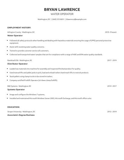 Water Operator Resume