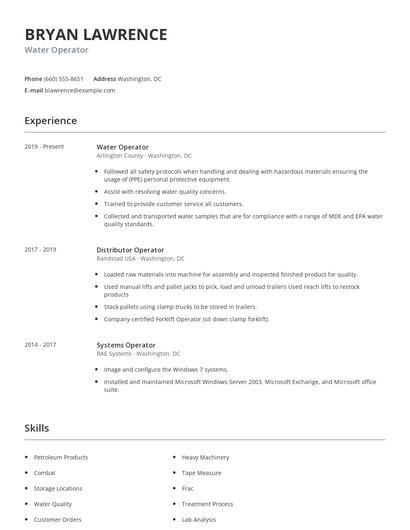 Water Operator Resume