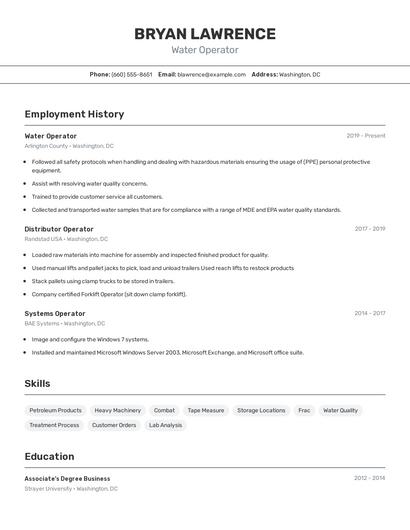 Water Operator Resume