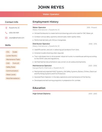 Water Operator Resume