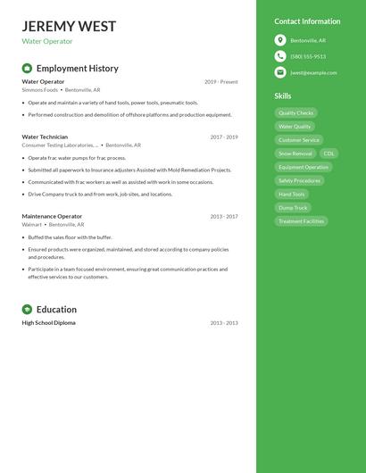 Water Operator Resume