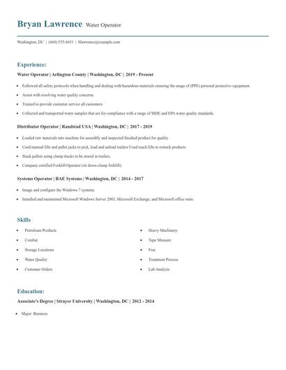 Water Operator Resume
