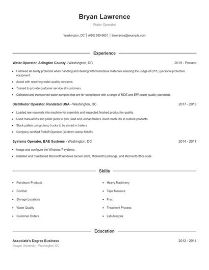 Water Operator Resume