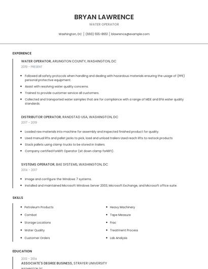 Water Operator Resume