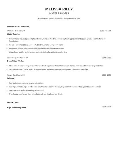 Water Proofer Resume