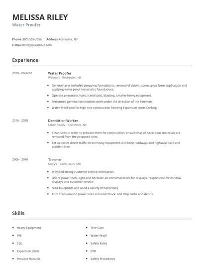 Water Proofer Resume