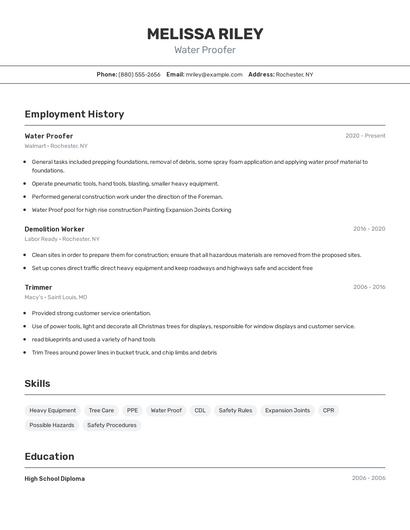 Water Proofer Resume