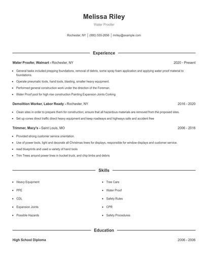 Water Proofer Resume